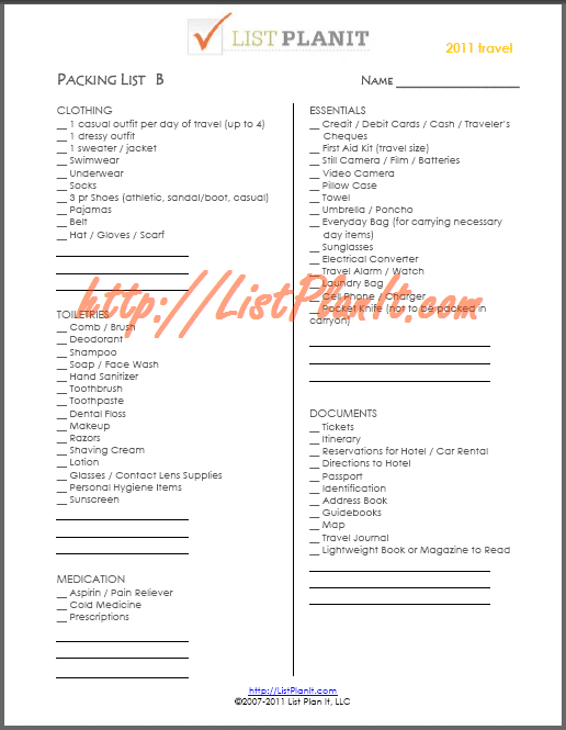 ListPlanIt.com Packing List