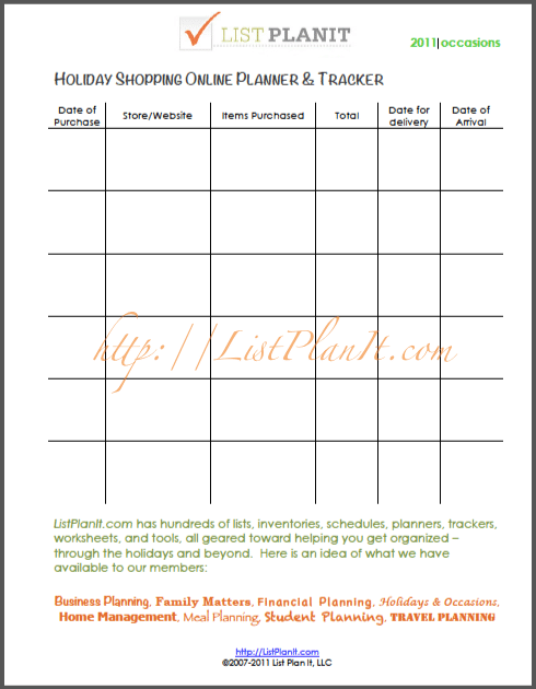 holiday shopping online planner & tracker